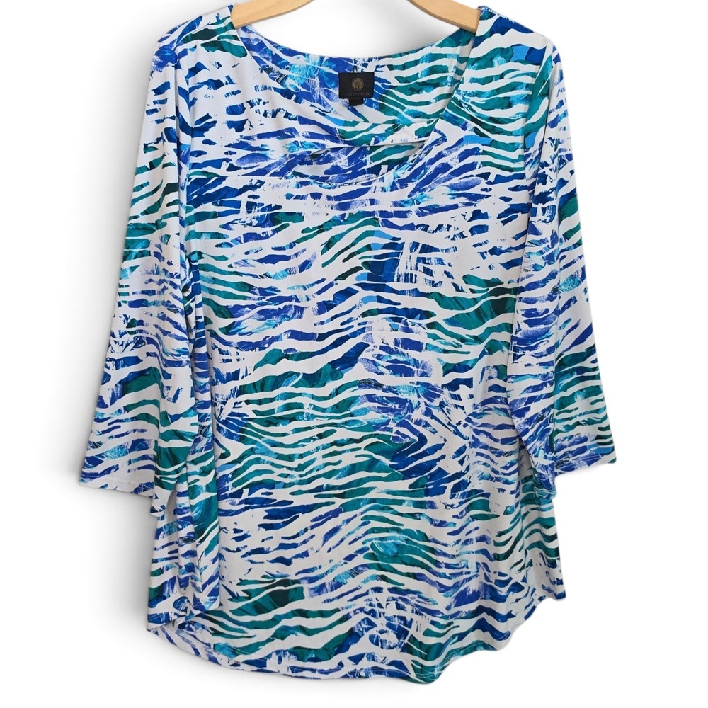 JM Collection Top Womens XXL Blue Teal Abstract Print 3/4 Sleeve Cutout Blouse